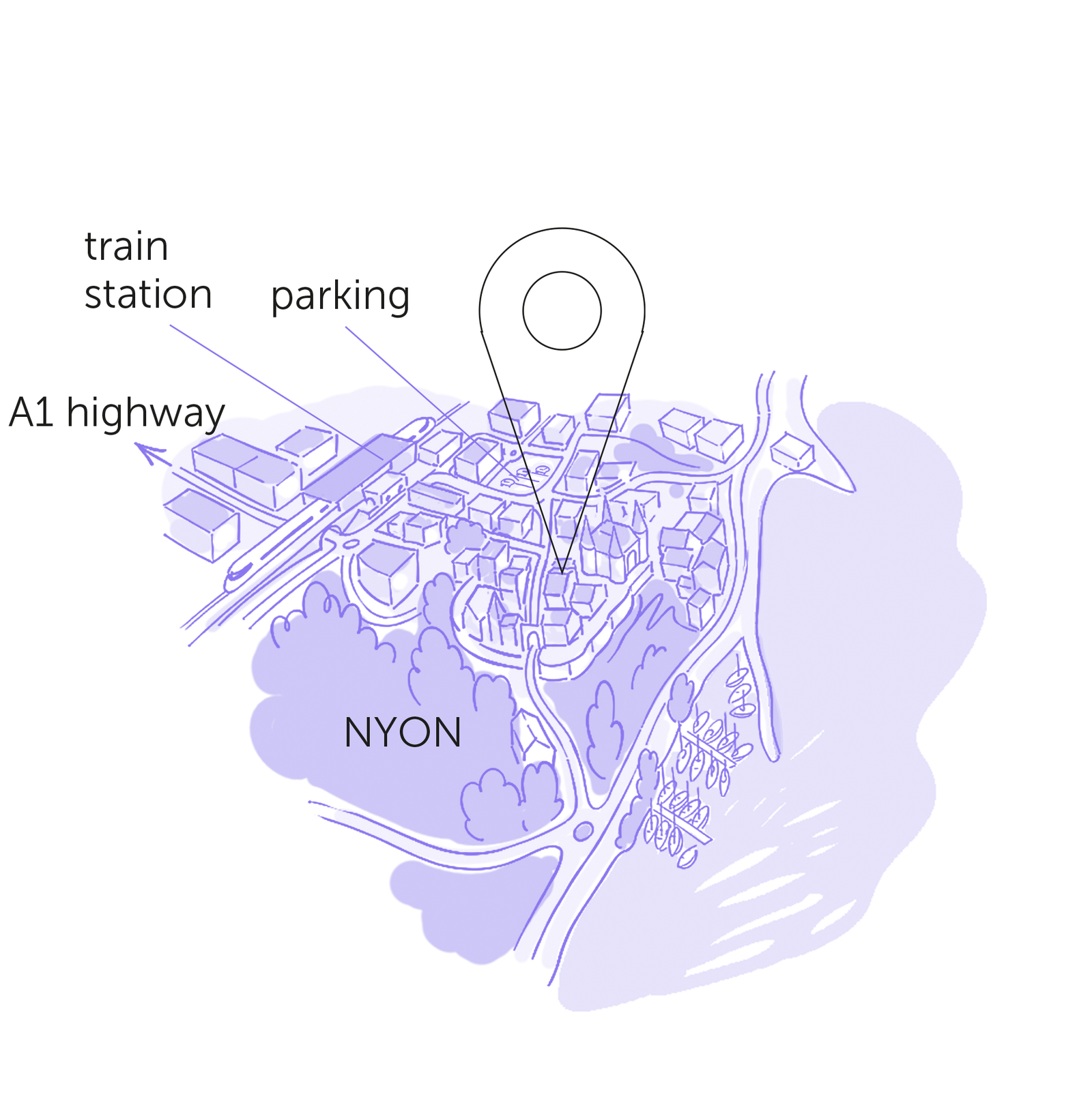 Illustrated map of Nyon's old town — the MedusaPack studio neighbourhood